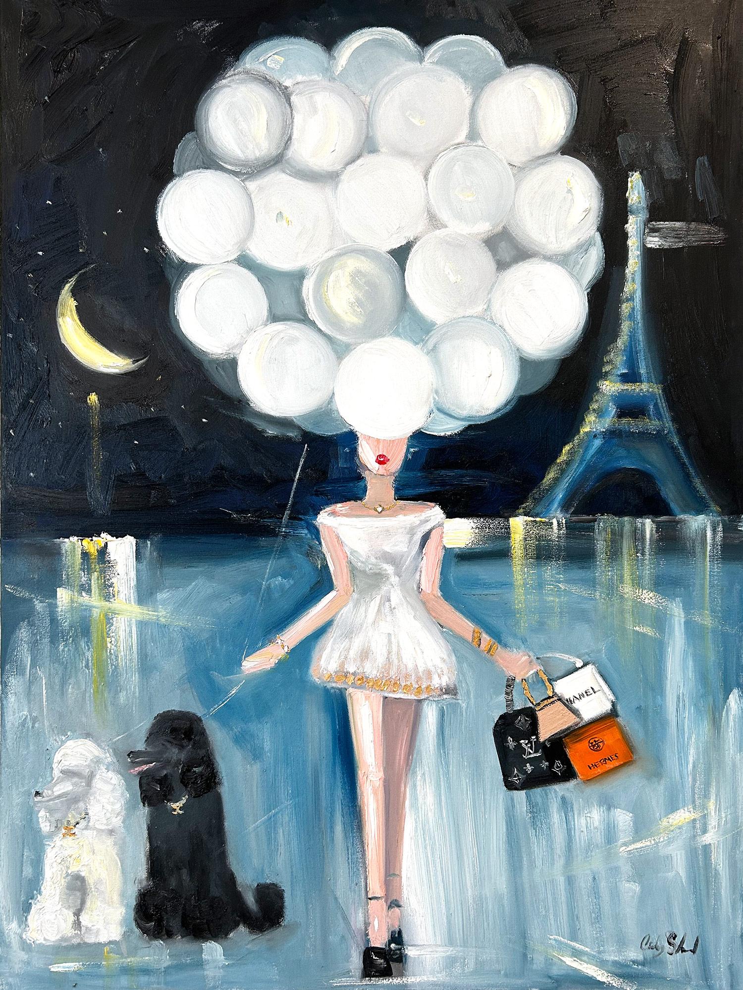 Figurative Painting di Cindy Shaoul - "Ragazza con i palloncini - Star Lit" Figura in Chanel Pittura ad olio con barboncini francesi