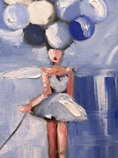 „Mädchen mit blauen Ballons“, Pariser Figur mit Hund, Haute Couture, Ölgemälde