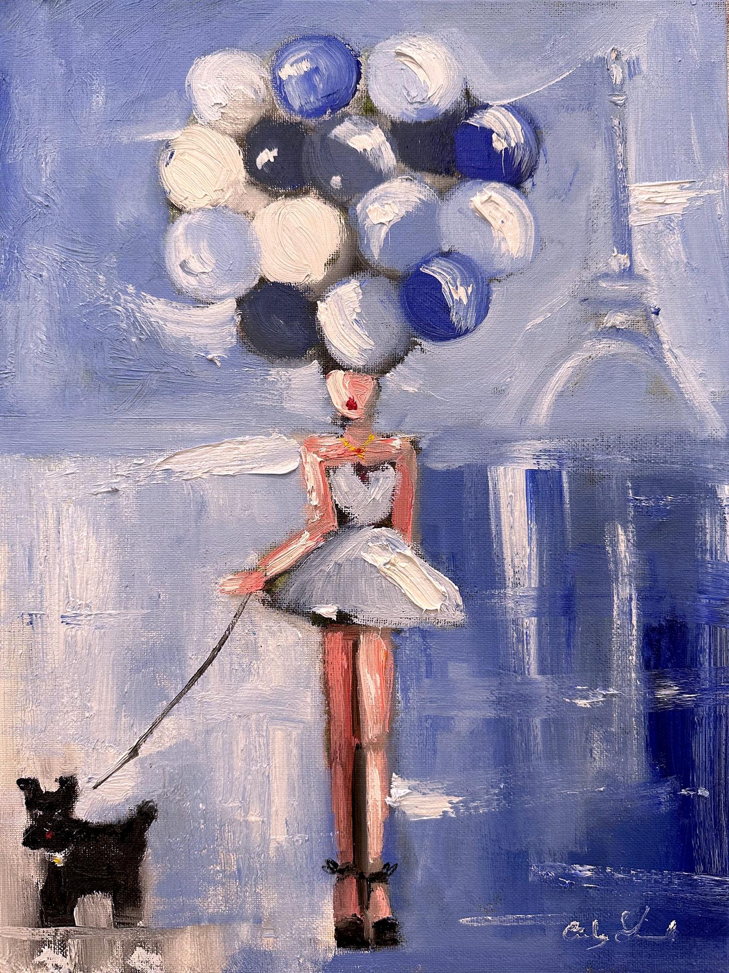 Cindy Shaoul Abstract Painting - "Girl with Blue Balloons" Parisian Figure w Dog Haute Couture Oil Painting