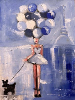 "Niña con globos azules" Figura parisina con perro Pintura al óleo de alta costura