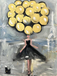 "Girl with Golden Balloons" Figure in Chanel Oil Painting on Canvas with Dog