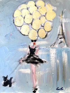 "Girl with Golden Balloons" Paris Figure in Chanel Haute Couture Oil on Paper