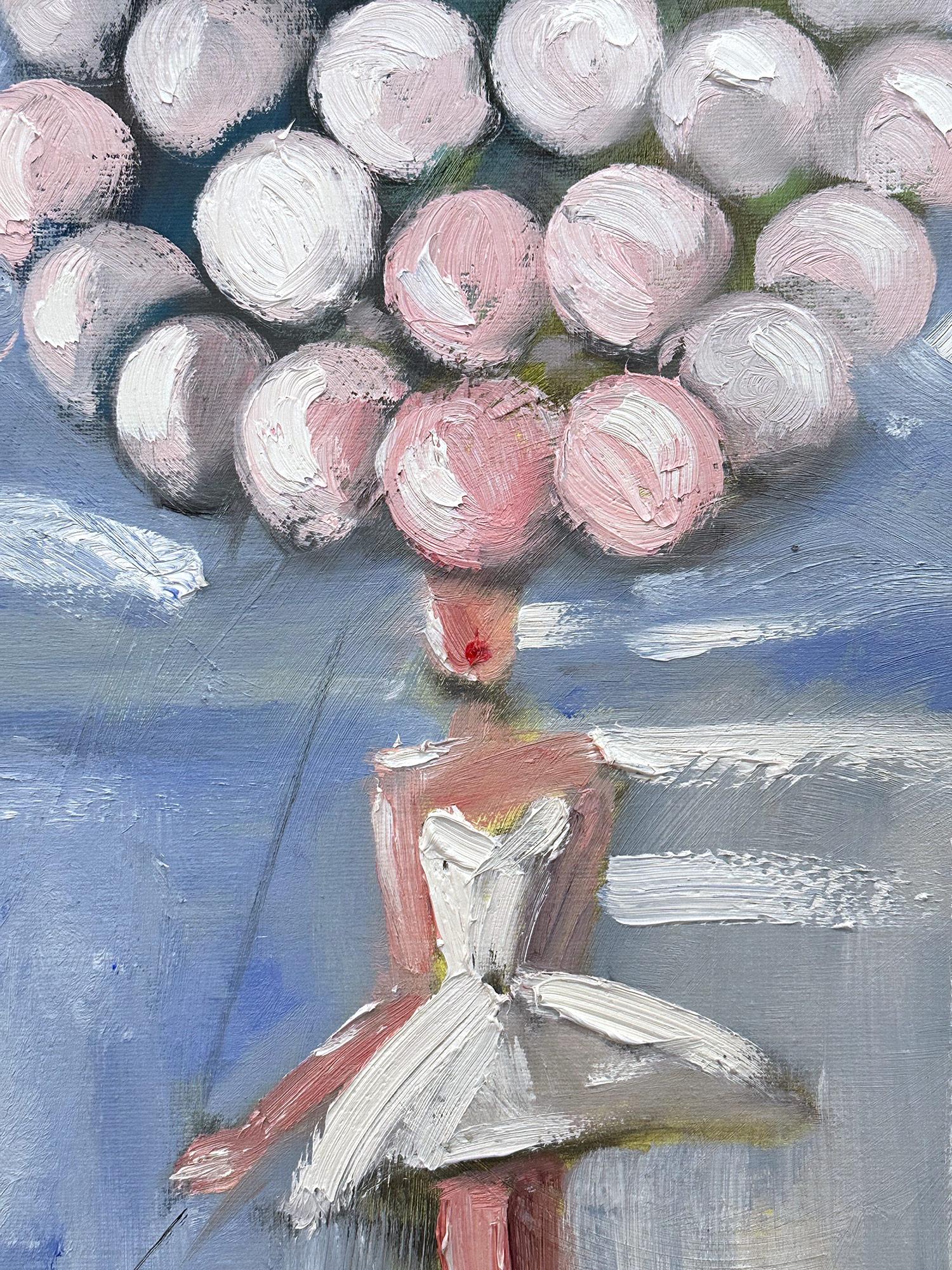 „Mädchen mit rosa Ballons Paris“ Paris, Pariser Figur mit Hund, Haute Couture, Ölgemälde – Painting von Cindy Shaoul