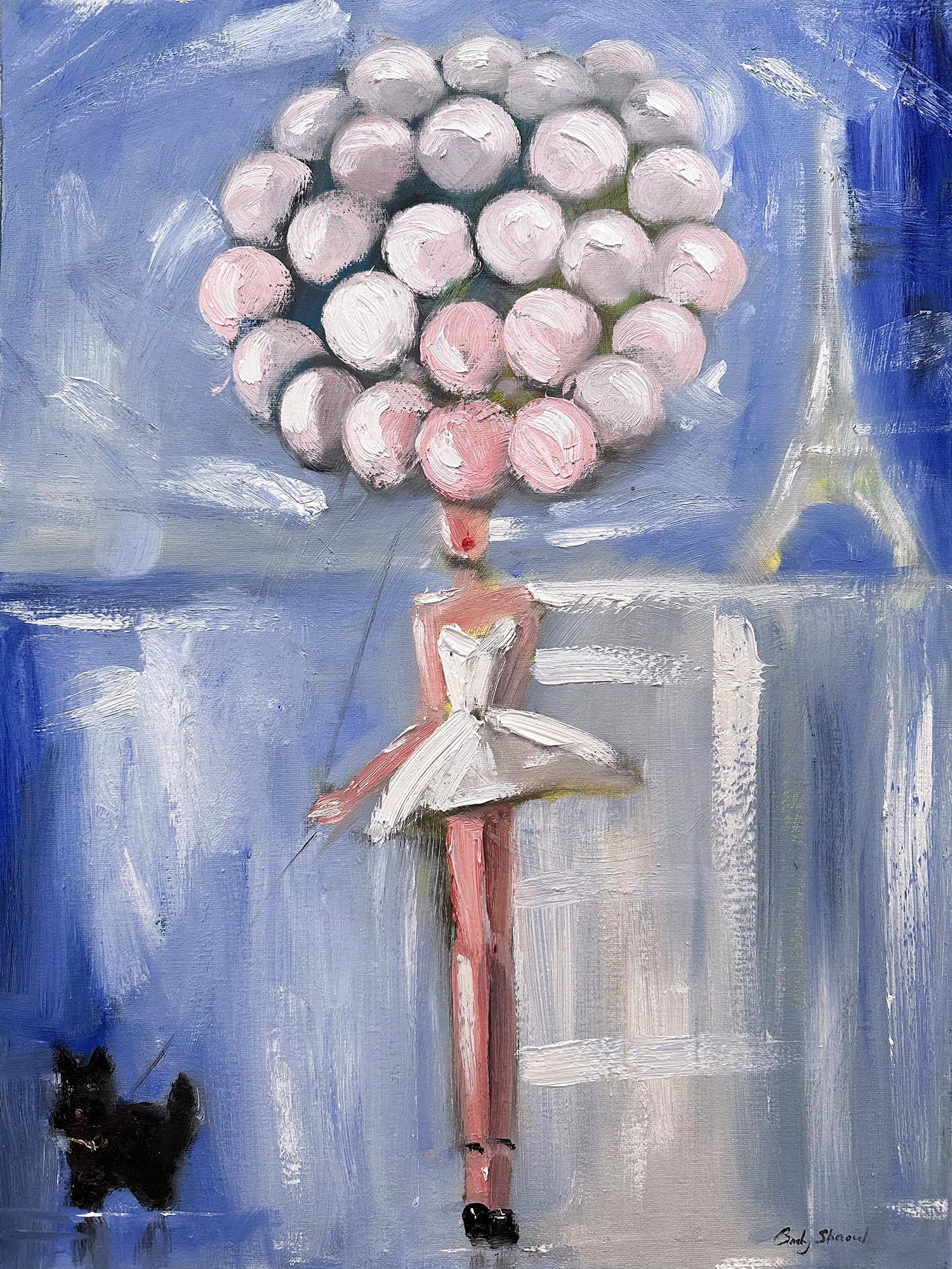 Cindy Shaoul Figurative Painting – „Mädchen mit rosa Ballons Paris“ Paris, Pariser Figur mit Hund, Haute Couture, Ölgemälde
