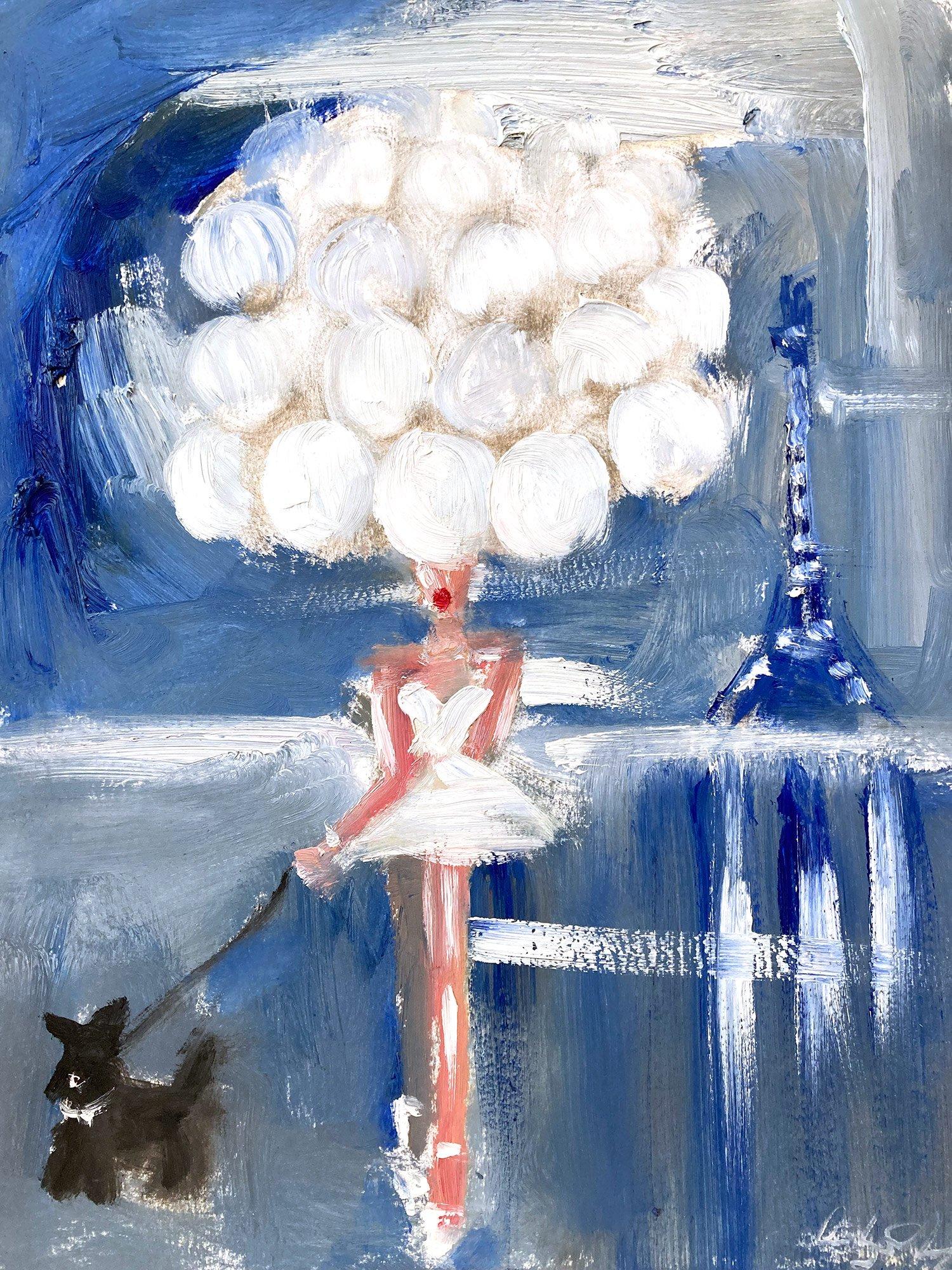 Cindy Shaoul Abstract Painting - "Girl with White Balloons" Paris Figure in Chanel Haute Couture Oil on Paper