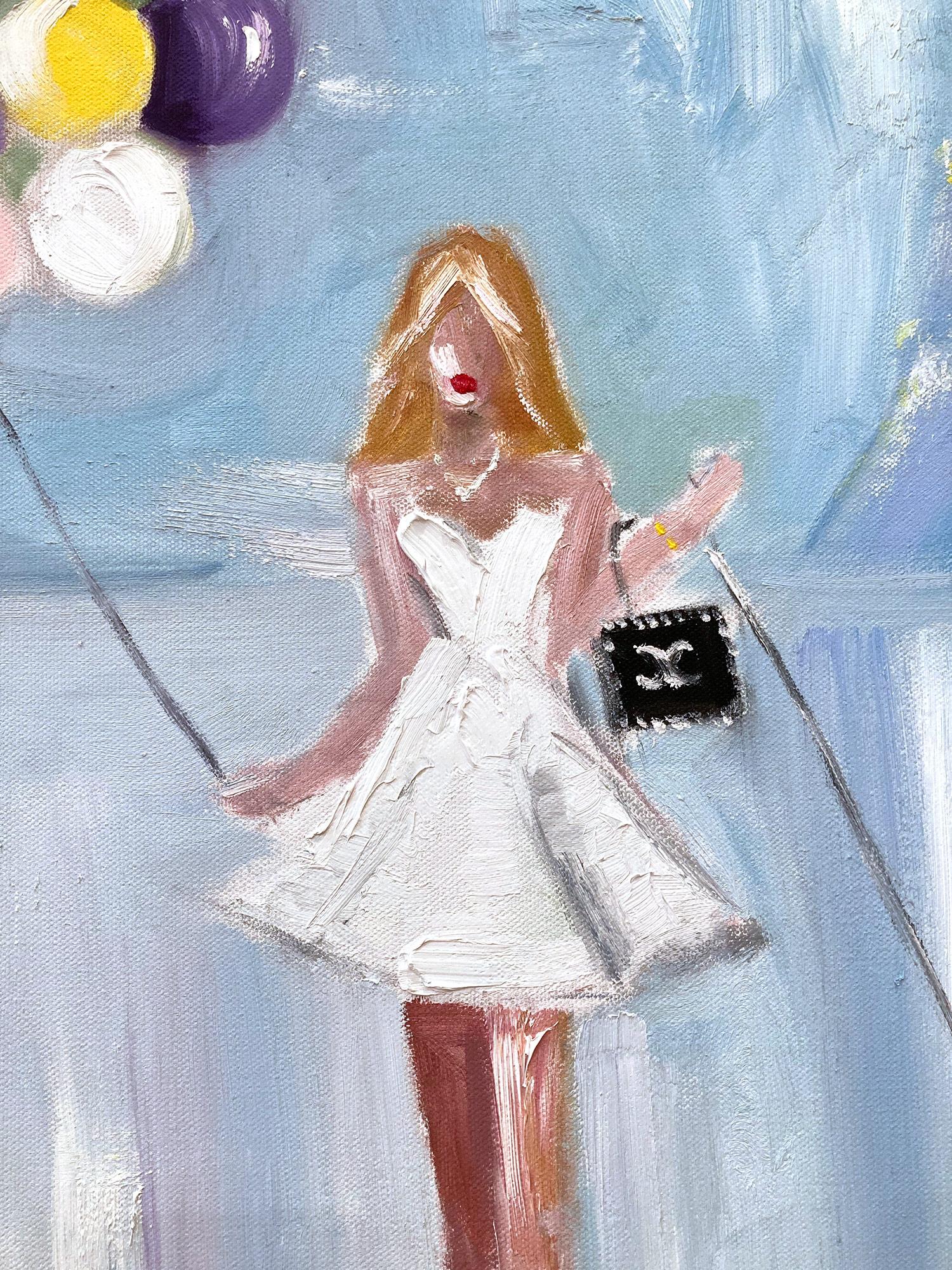 Abstrakte Figuren in Chanel Haute Couture, Ölgemälde „Mädchen mit Ballons“ – Painting von Cindy Shaoul