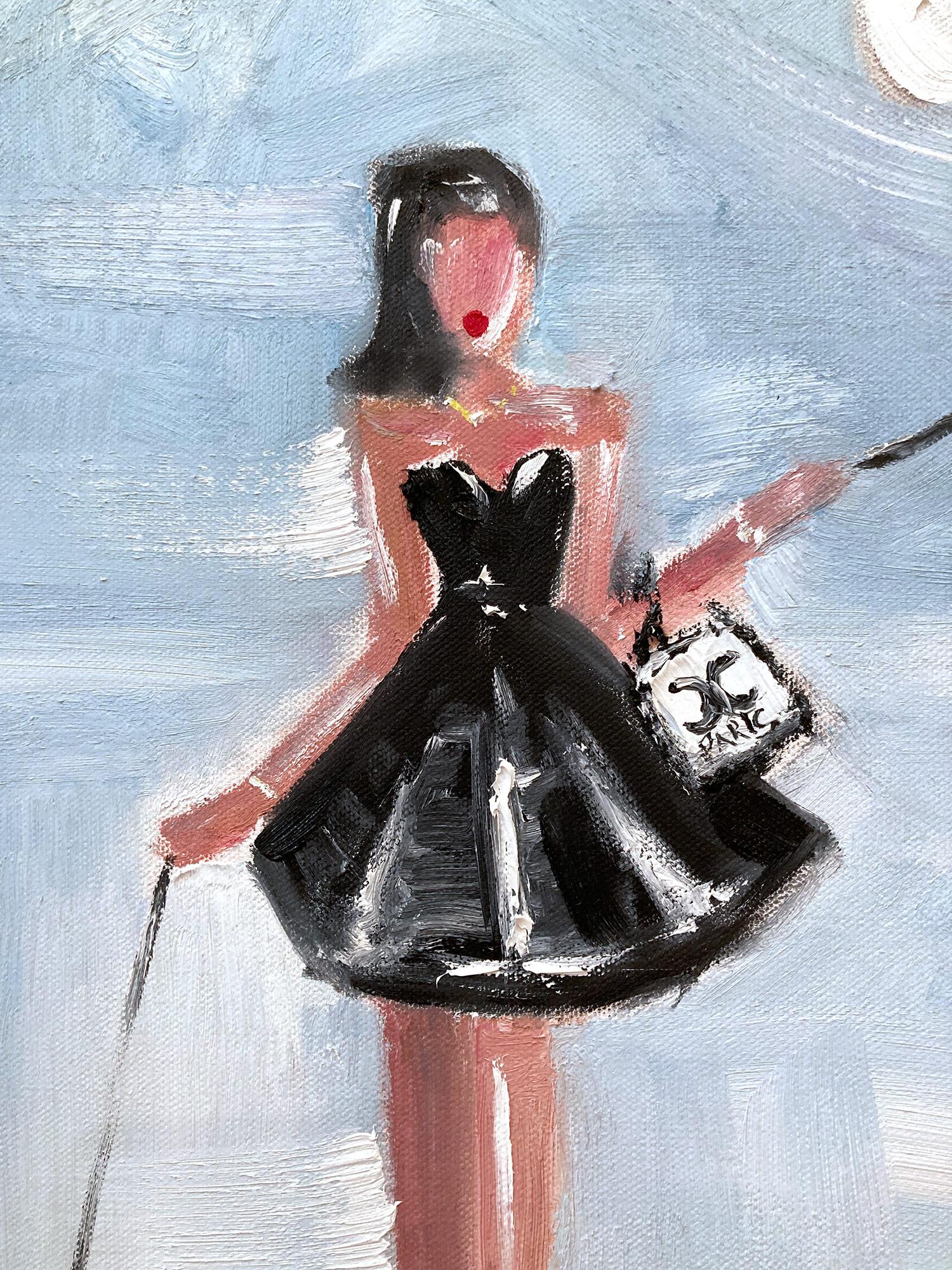 Abstrakte Figuren in Chanel Haute Couture, Ölgemälde „Mädchen mit Ballons“ (Blau), Abstract Painting, von Cindy Shaoul