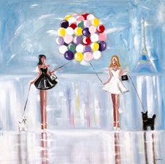 "Filles avec des ballons" - Figures abstraites dans une peinture à l'huile de Chanel Haute Couture