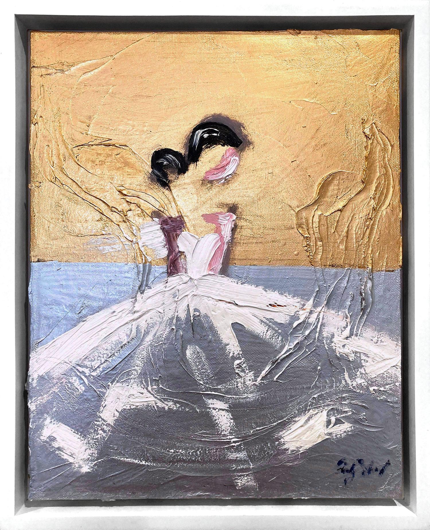 « Golden Hour in Paris » - Figure abstraite dans une robe de Chanel - Peinture à l'huile de haute couture