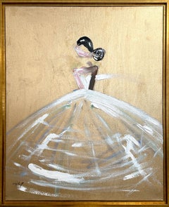 Figure dans une robe de Chanel Haute Couture peinte à l'huile « Golden Hour in Paris »