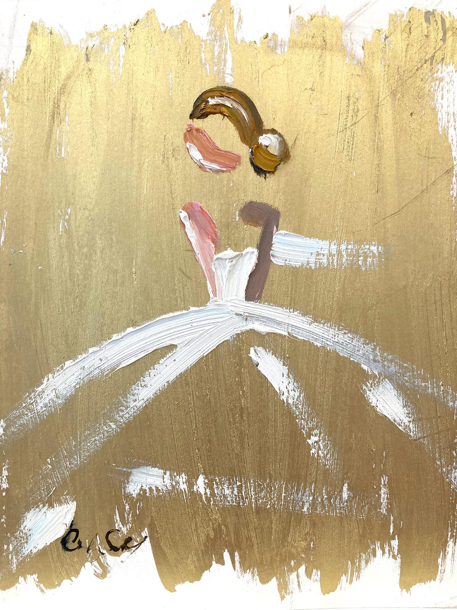 Cindy Shaoul Figurative Painting – Abstrakte Figur ""Goldie" in Chanel-Kleid, Haute-Couture-Gemälde auf Papier