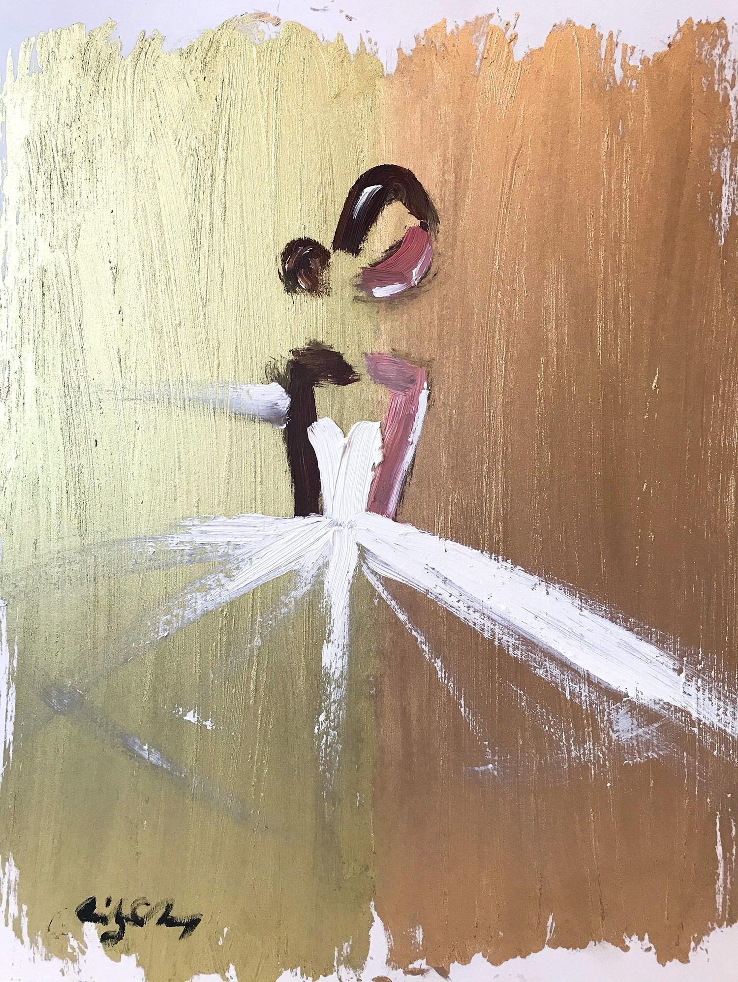Cindy Shaoul Figurative Painting - "Goldie" Abstract Figure with Gown French Haute Couture Oil Painting on Paper