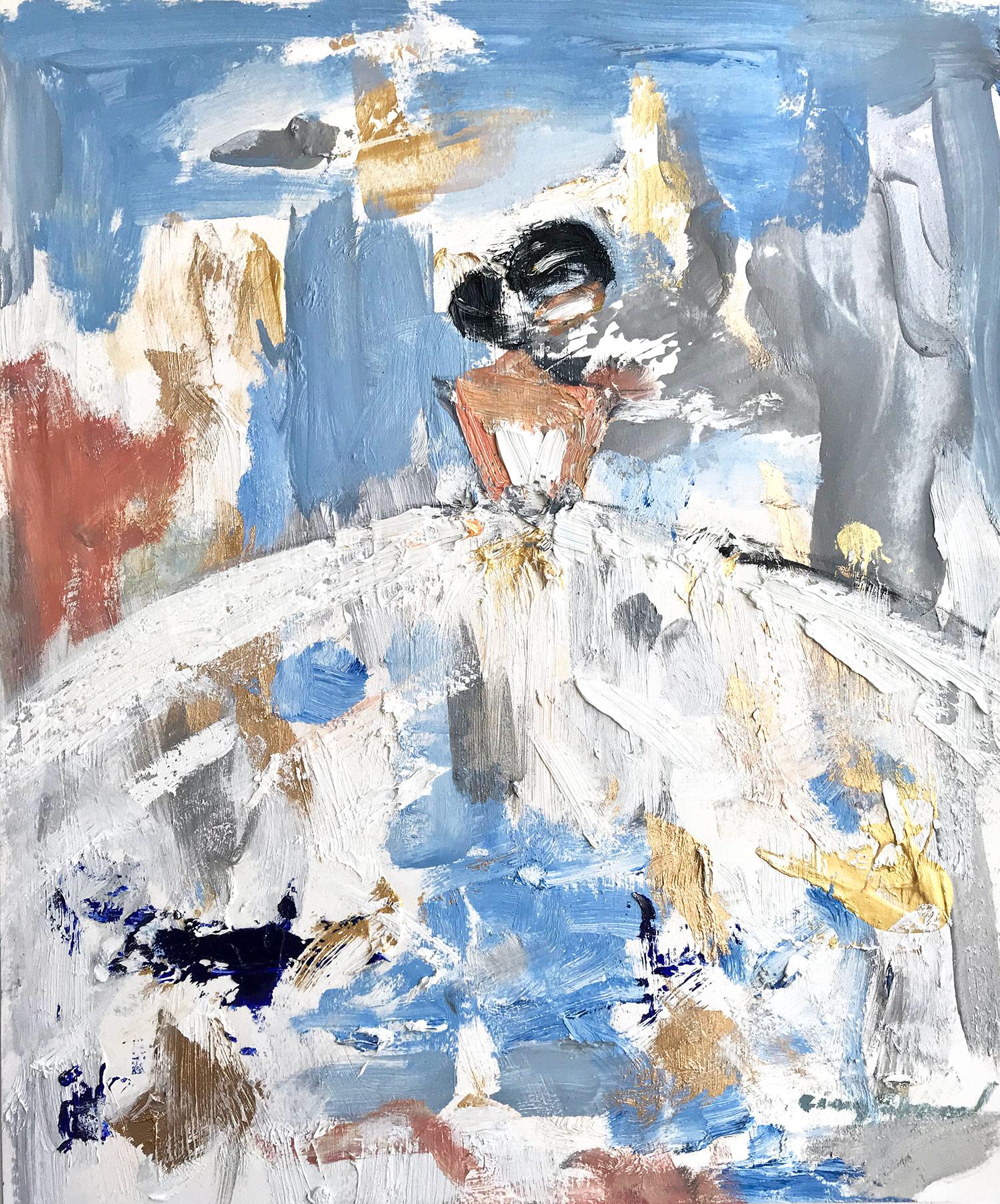 Cindy Shaoul Abstract Painting – Abstrakte Figur „Goldie“ auf Papier:: Ölgemälde