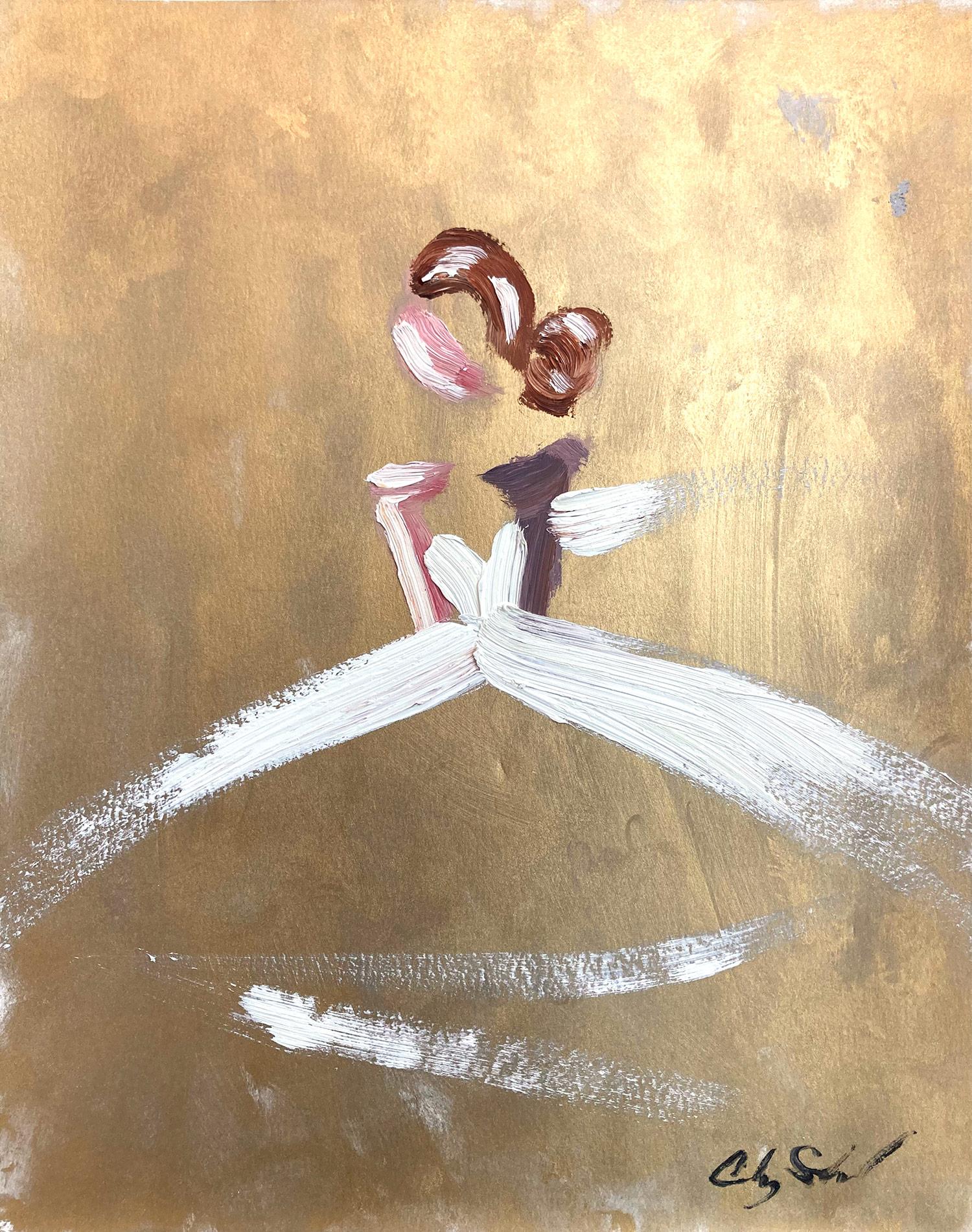 Cindy Shaoul Abstract Painting – „Goldie“ Figur mit Kleid Französisch Haute Couture Buntes Ölgemälde auf Papier, Haute Couture