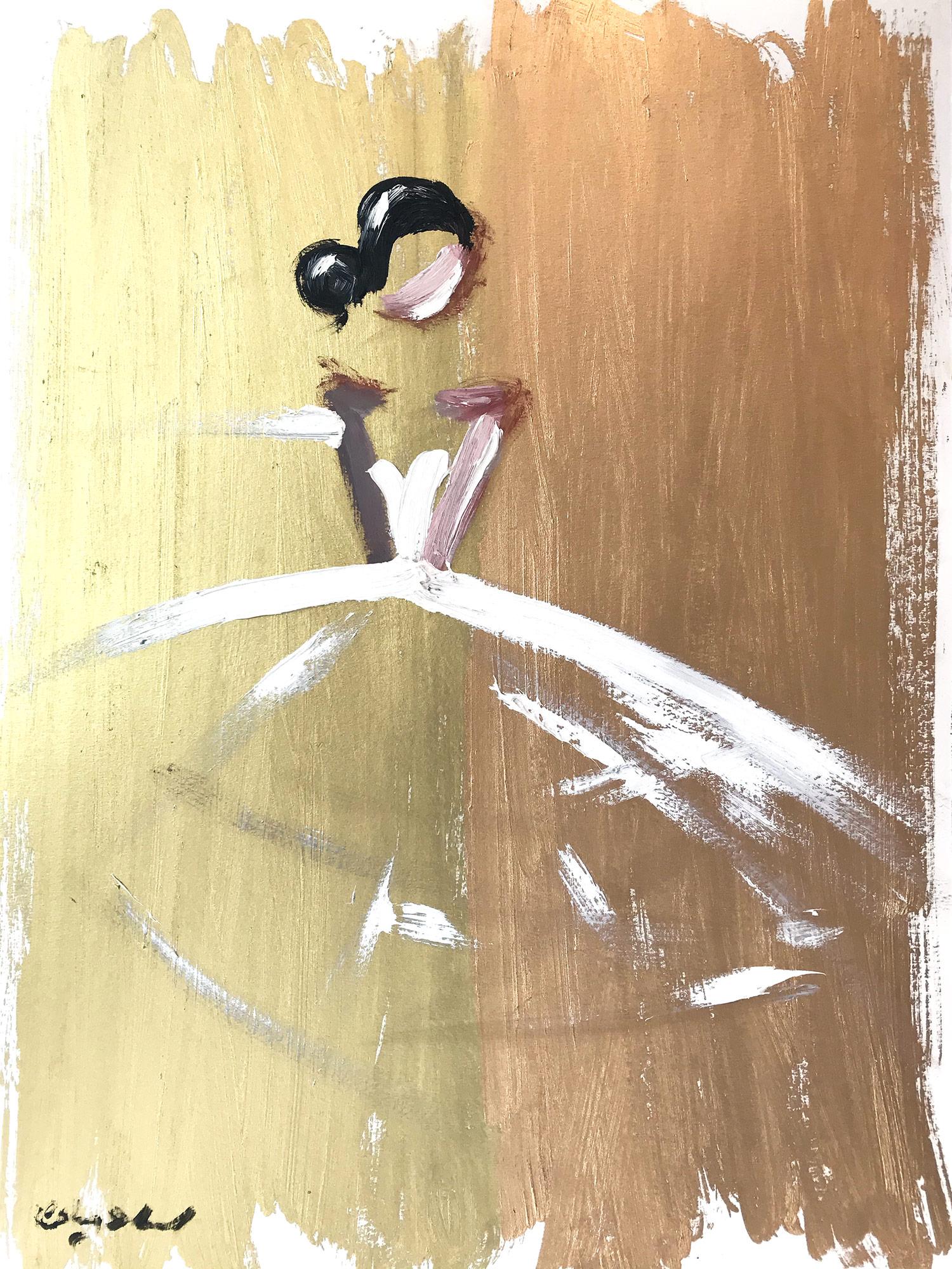 Cindy Shaoul Abstract Painting - "Goldie" Figure with White Gown French Haute Couture Oil Painting on Paper