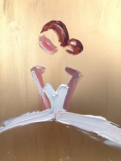 Abstrakte Figur „Goldie“ aus Gold in Chanel-Kleid, Haute Couture, Ölgemälde auf Papier