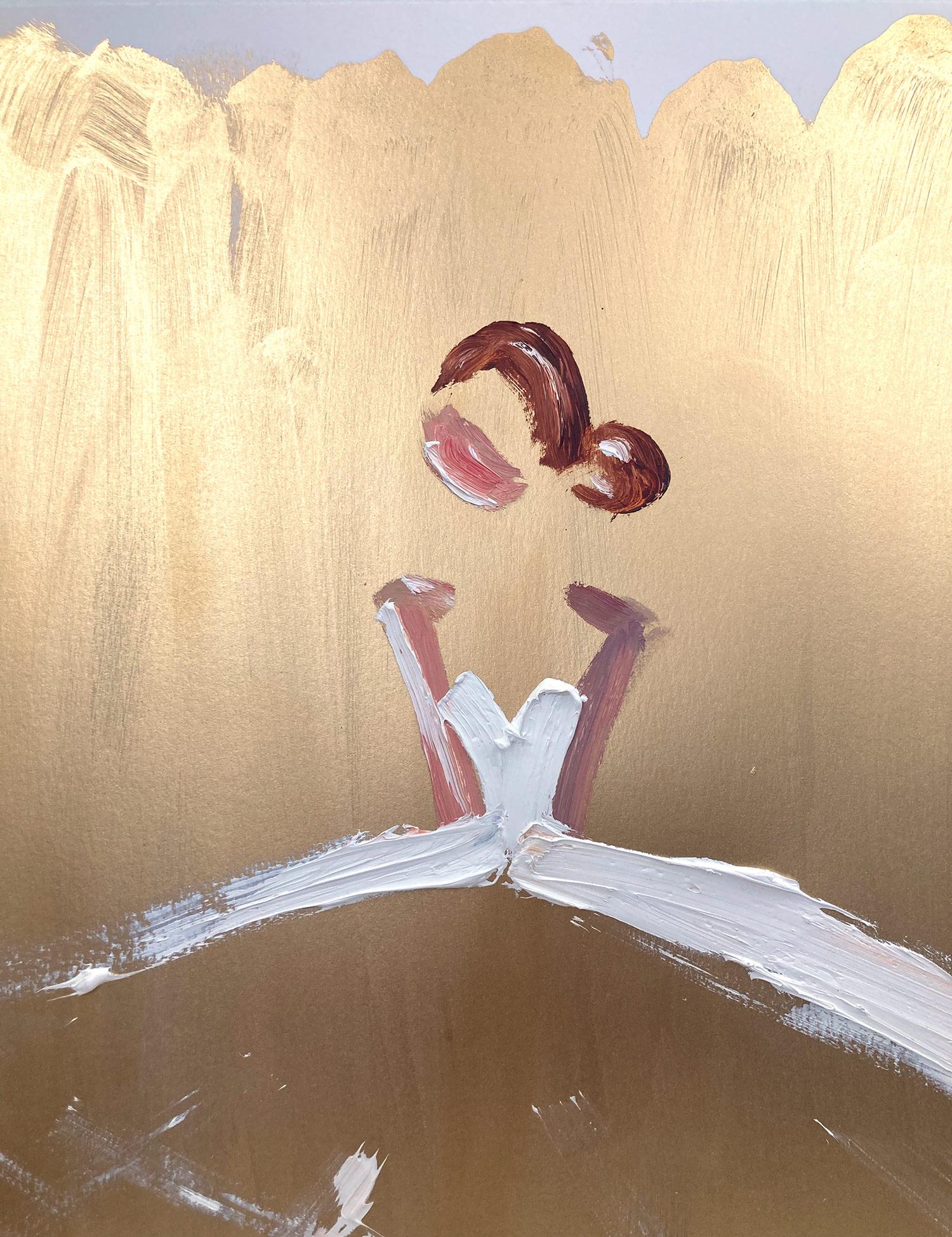 Abstrakte Figur „Goldie“ aus Gold in Chanel-Kleid, Haute Couture, Ölgemälde auf Papier im Angebot 4