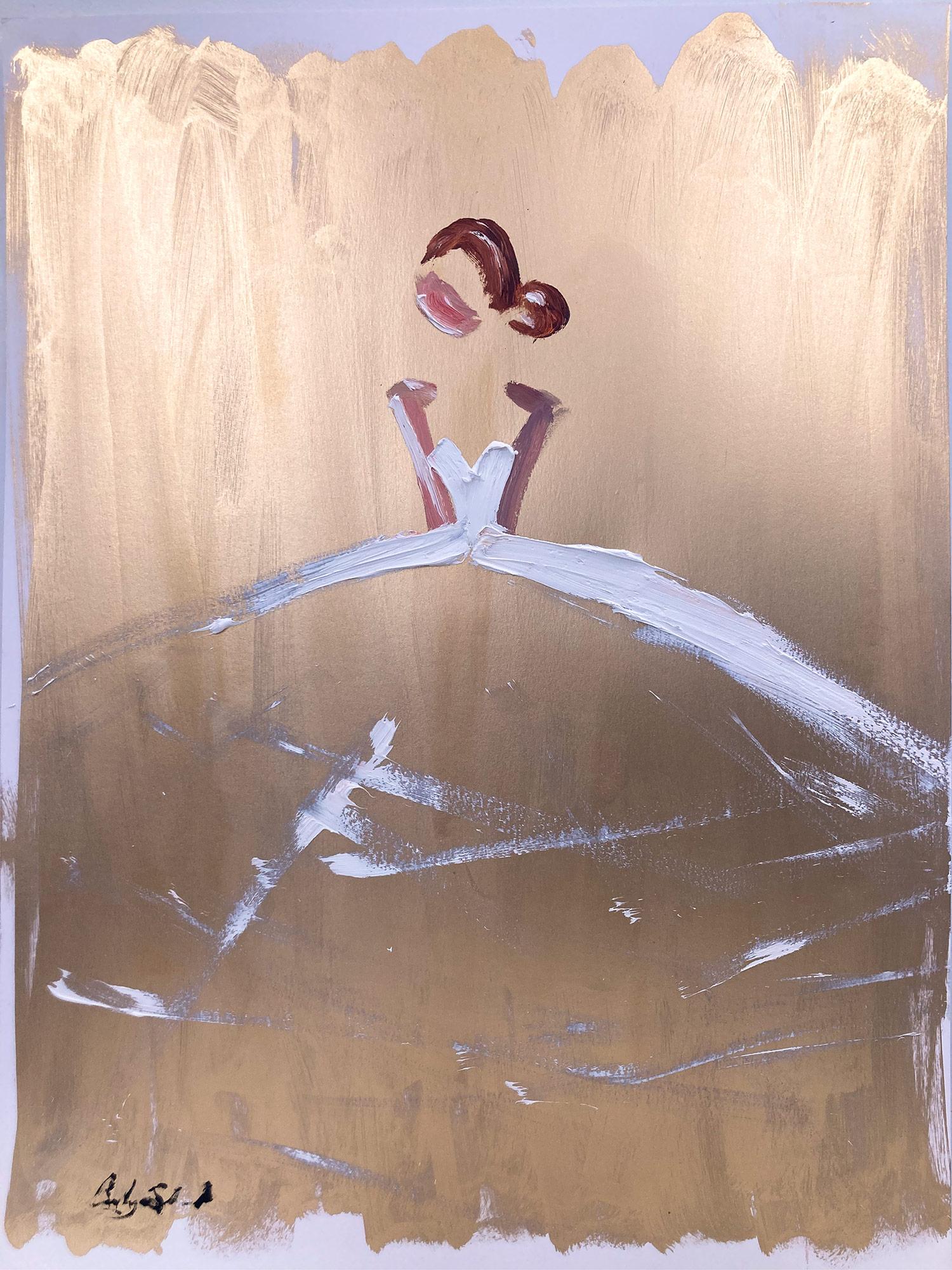 Cindy Shaoul Abstract Painting – Abstrakte Figur „Goldie“ aus Gold in Chanel-Kleid, Haute Couture, Ölgemälde auf Papier