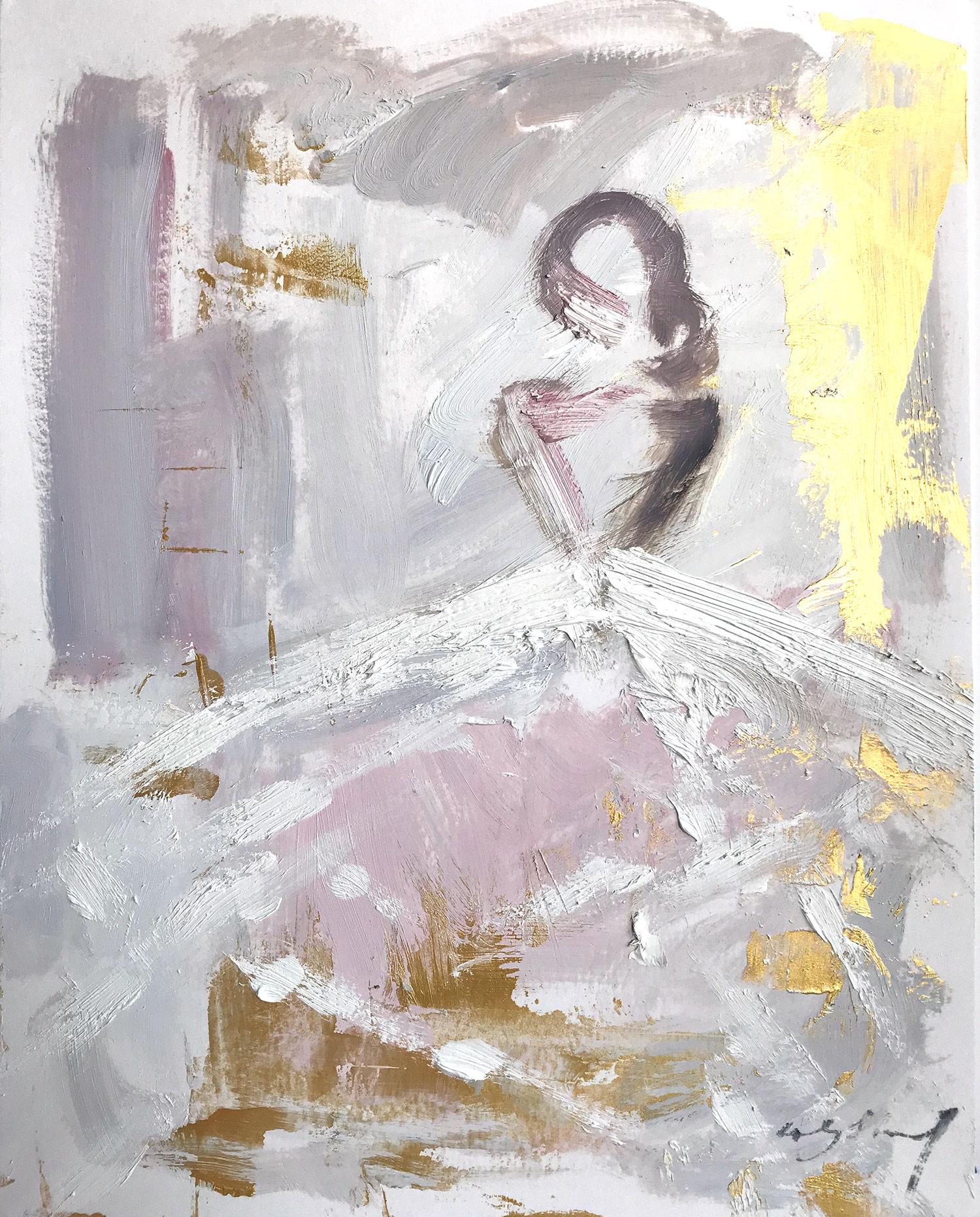Cindy Shaoul Abstract Painting - "Gracie" Abstract Figure with Gown French Haute Couture Oil Painting on Paper