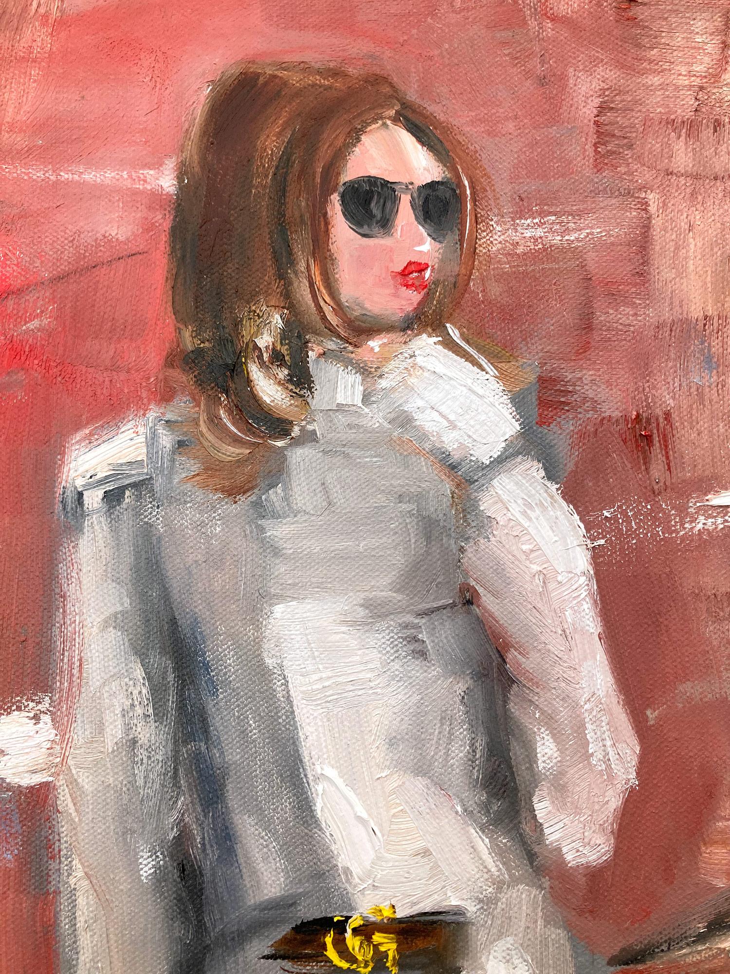 A very whimsical depiction of a woman in fashionable ripped jeans in soho with her Gucci purse and Stuart Weitzman High boots. This piece captures the essence of fashion and Haute Couture effortlessly. Done in a very modern and impressionistic