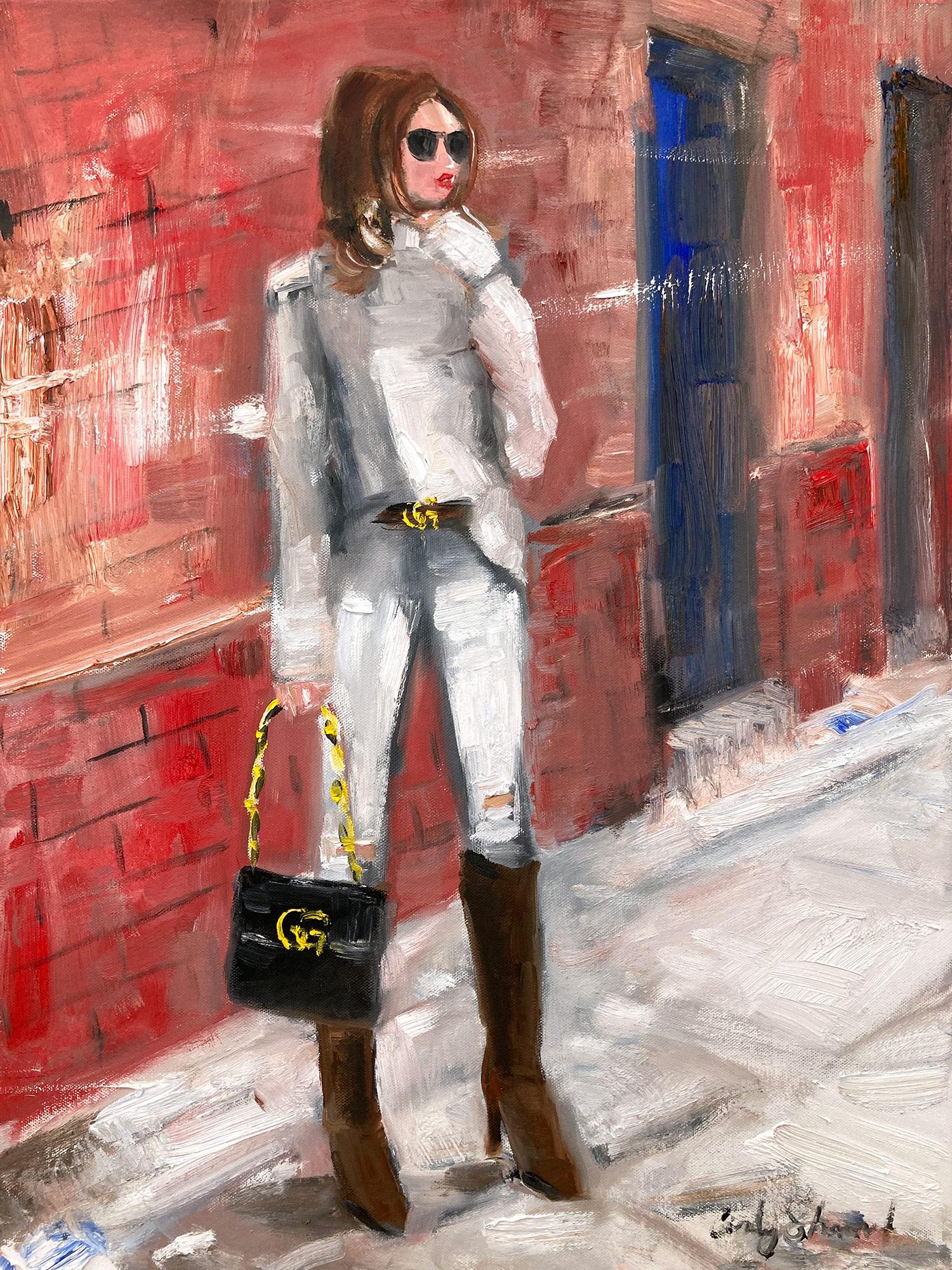 Cindy Shaoul Figurative Painting - "Gucci in Soho" Haute Couture Impressionistic Oil Painting of Woman in Boots