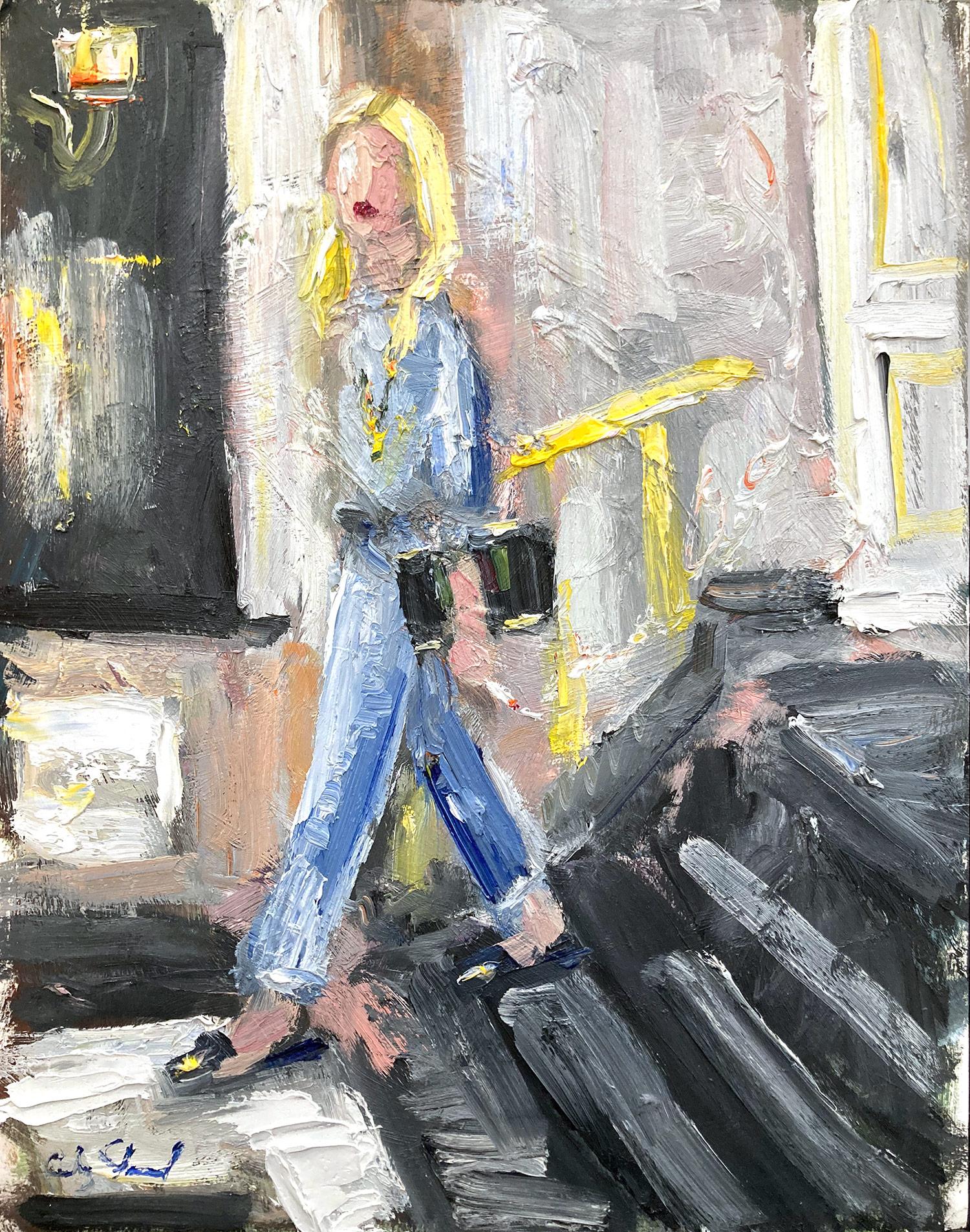 "Scivoli e cattive abitudini di Gucci" Pittura ad olio su carta con figura bionda in stile moda