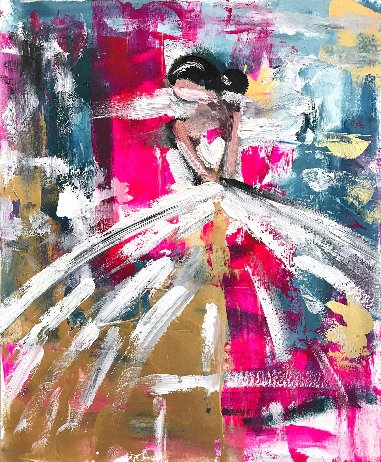 Cindy Shaoul Abstract Painting - "Harper" Colorful Abstract Figure on Paper Wearing Haute Couture Chanel Dress