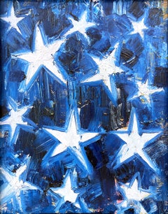 "My Starry Night" Blue and White Contemporary Oil Painting Framed
