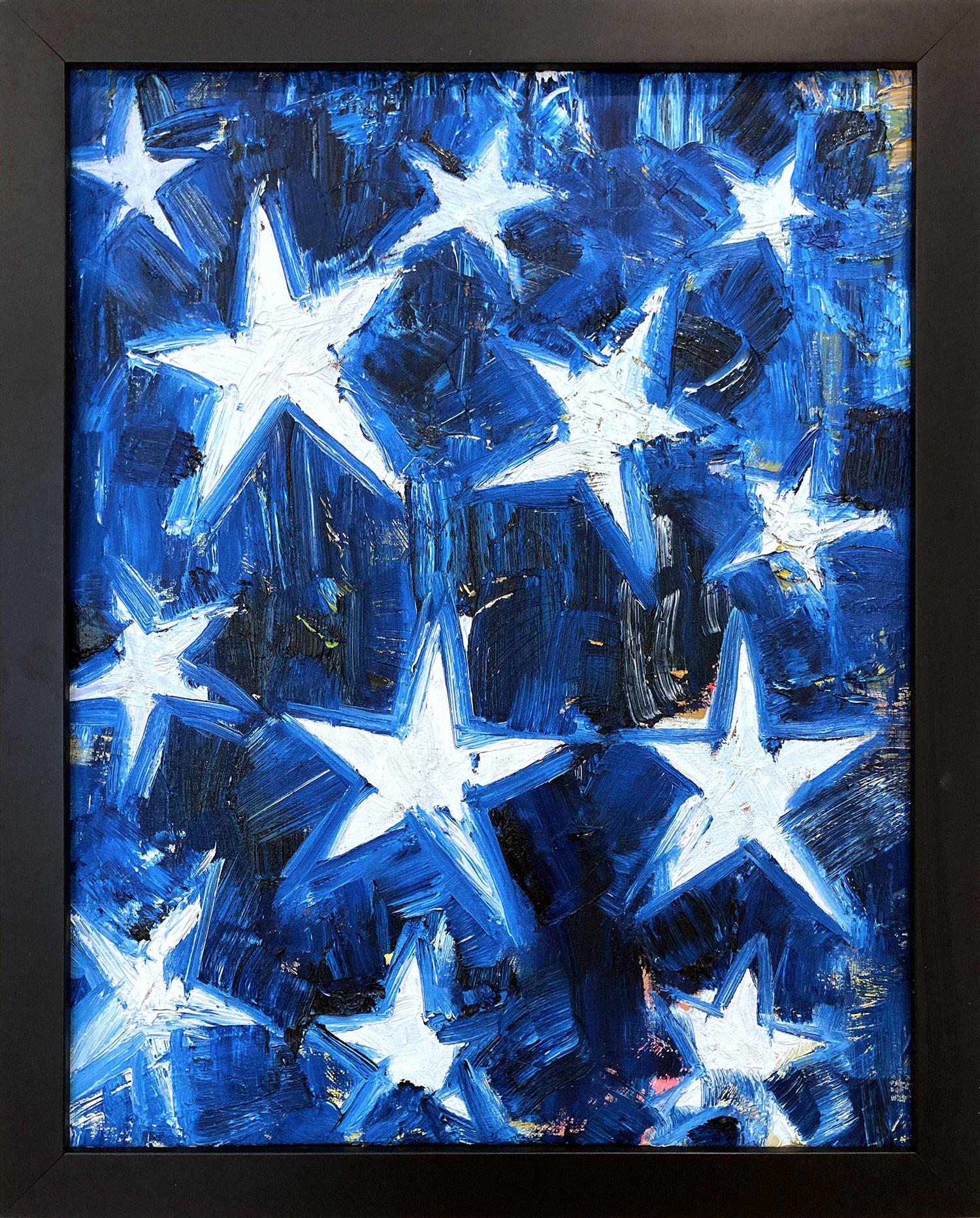 Figurative Painting di Cindy Shaoul - "La mia notte stellata", dipinto a olio contemporaneo in bianco e blu con cornice