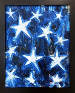 "My Starry Night" Blue and White Contemporary Oil Painting Framed 