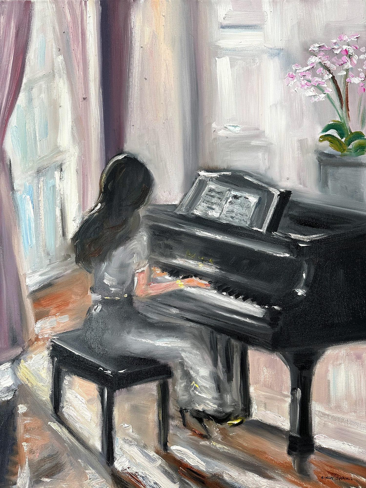 Impressionistische Interieurszene „Ihre erste Liebe“ mit Klavier im Chateau de Chambo – Painting von Cindy Shaoul