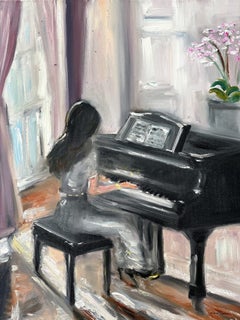 "Her First Love" Playing Piano at Chateau de Chambo Impressionist Interior Scene