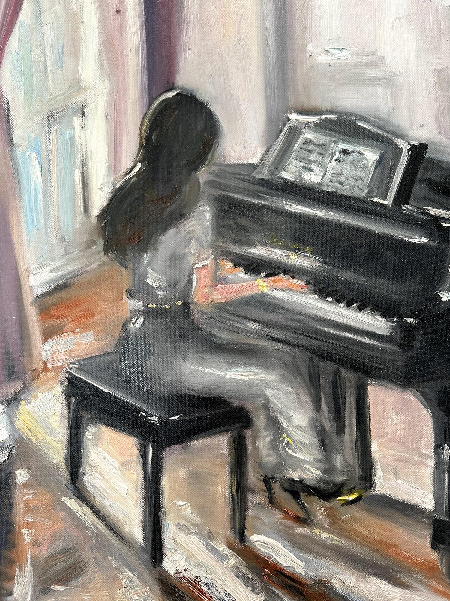 Impressionistische Interieurszene „Ihre erste Liebe“ mit Klavier im Chateau de Chambo (Zeitgenössisch), Painting, von Cindy Shaoul