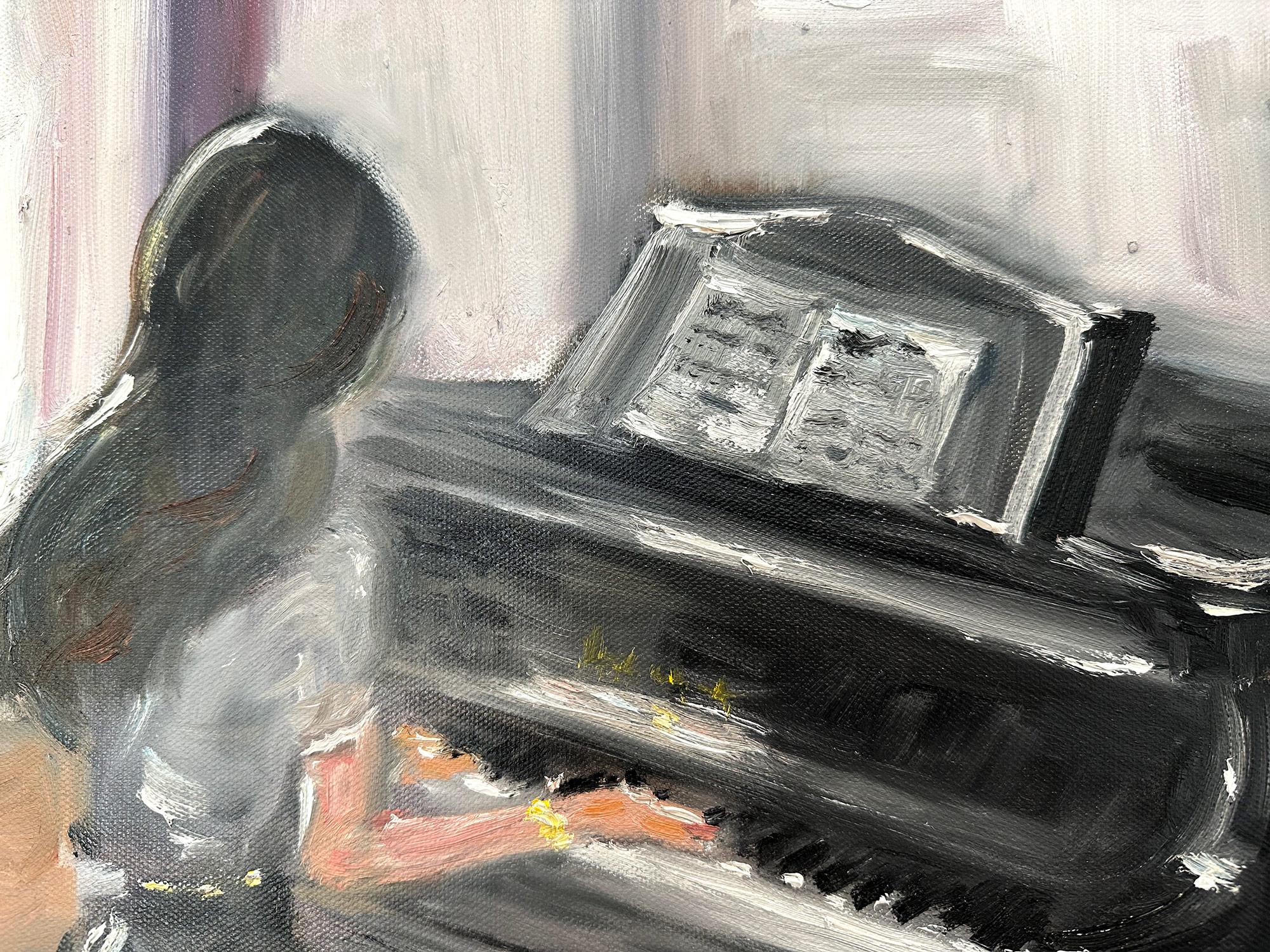 A charming depiction of an interior scene with a woman playing the piano passionately. A cozy impressionistic scene with warmth and feeling. Whimsical details through out and beautiful brushwork. This piece captures the essence of a Parisian room