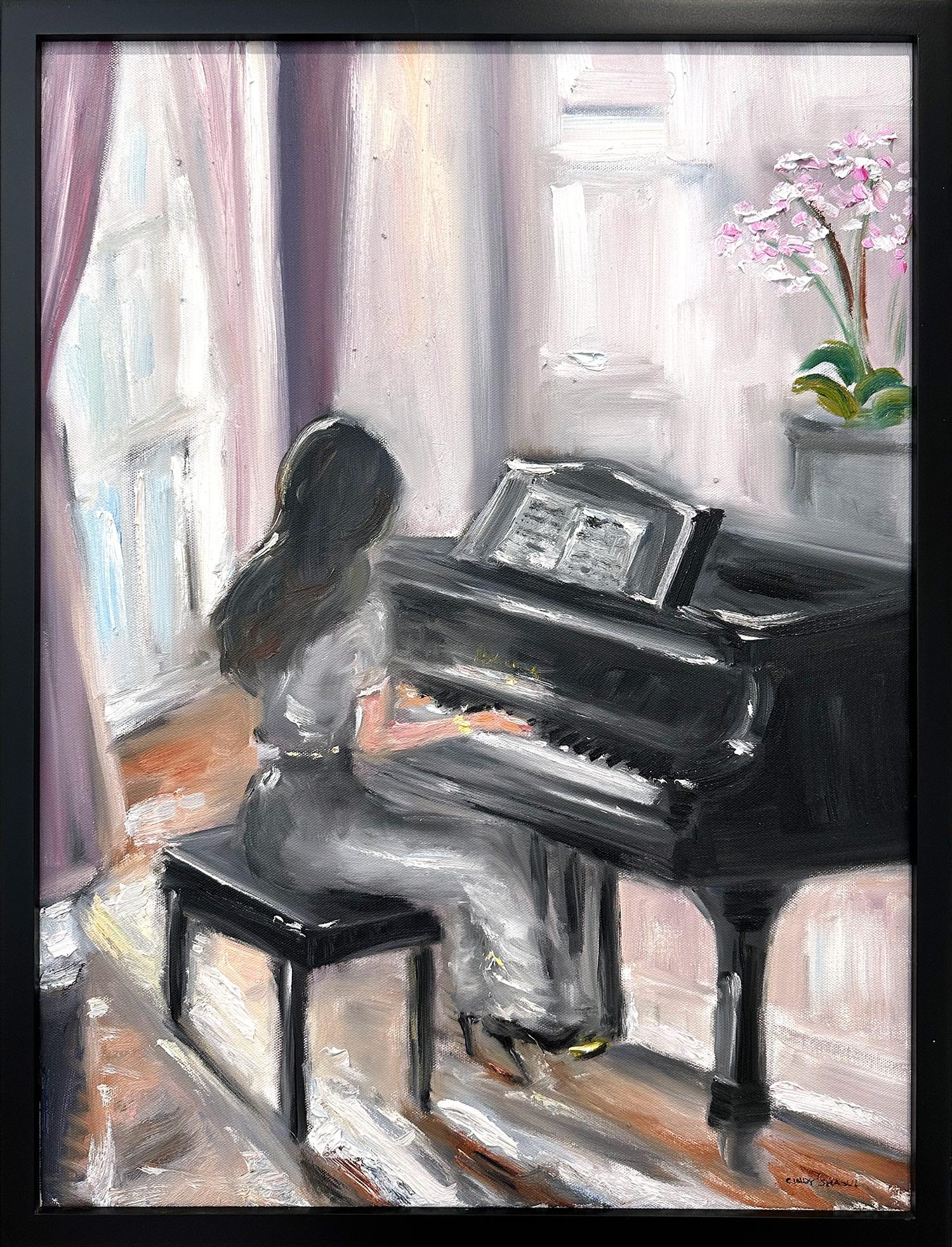 Cindy Shaoul Figurative Painting - "Her First Love" Playing Piano at Chateau de Chambo Impressionist Interior Scene