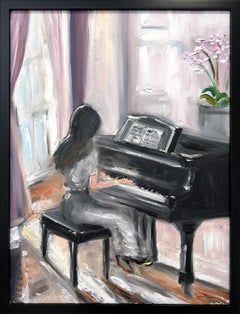 « Son premier amour » jouant du piano au château de Chambo scène d'intérieur impressionniste