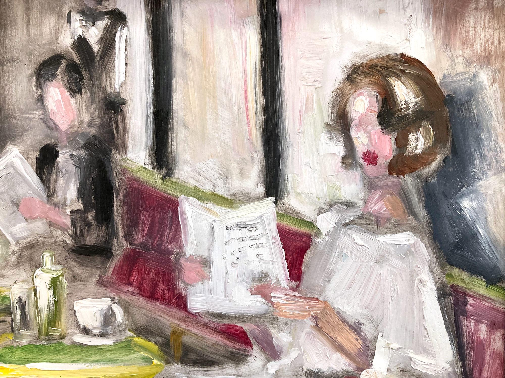 This painting depicts an impressionistic cafe scene of a Woman in Chanel. The thick brush strokes and fun marks creates an atmosphere reminiscent of the impressionists from the 20th Century. She soaks up the sun in a beautiful Chanel dress with high