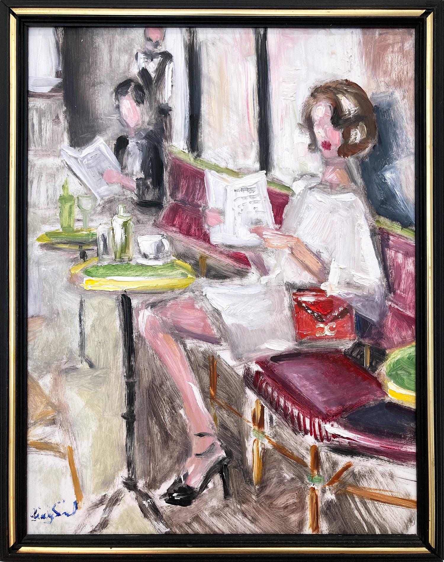 Cindy Shaoul Landscape Painting - "Meet me at the Paris Cafe" Impressionistic Oil Painting of Woman in Chanel