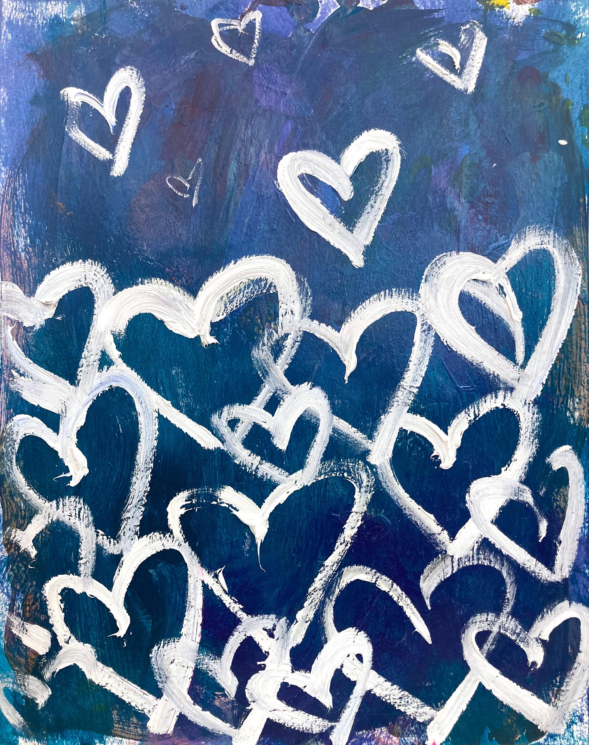 "Hide My Kisses" Metallic Blue & White Pop Art Hearts Abstract Painting on Paper