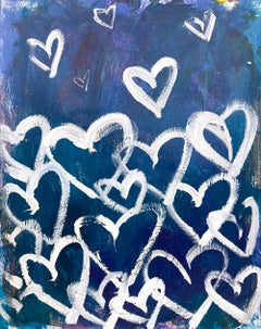"Hide My Kisses" Metallic Blue & White Pop Art Hearts Abstract Painting on Paper