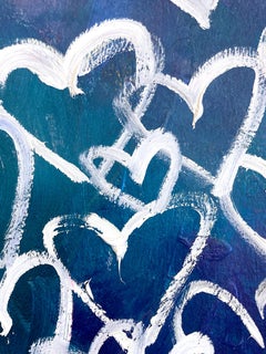 "Hide My Kisses" Metallic Blue & White Pop Art Hearts Abstract Painting on Paper