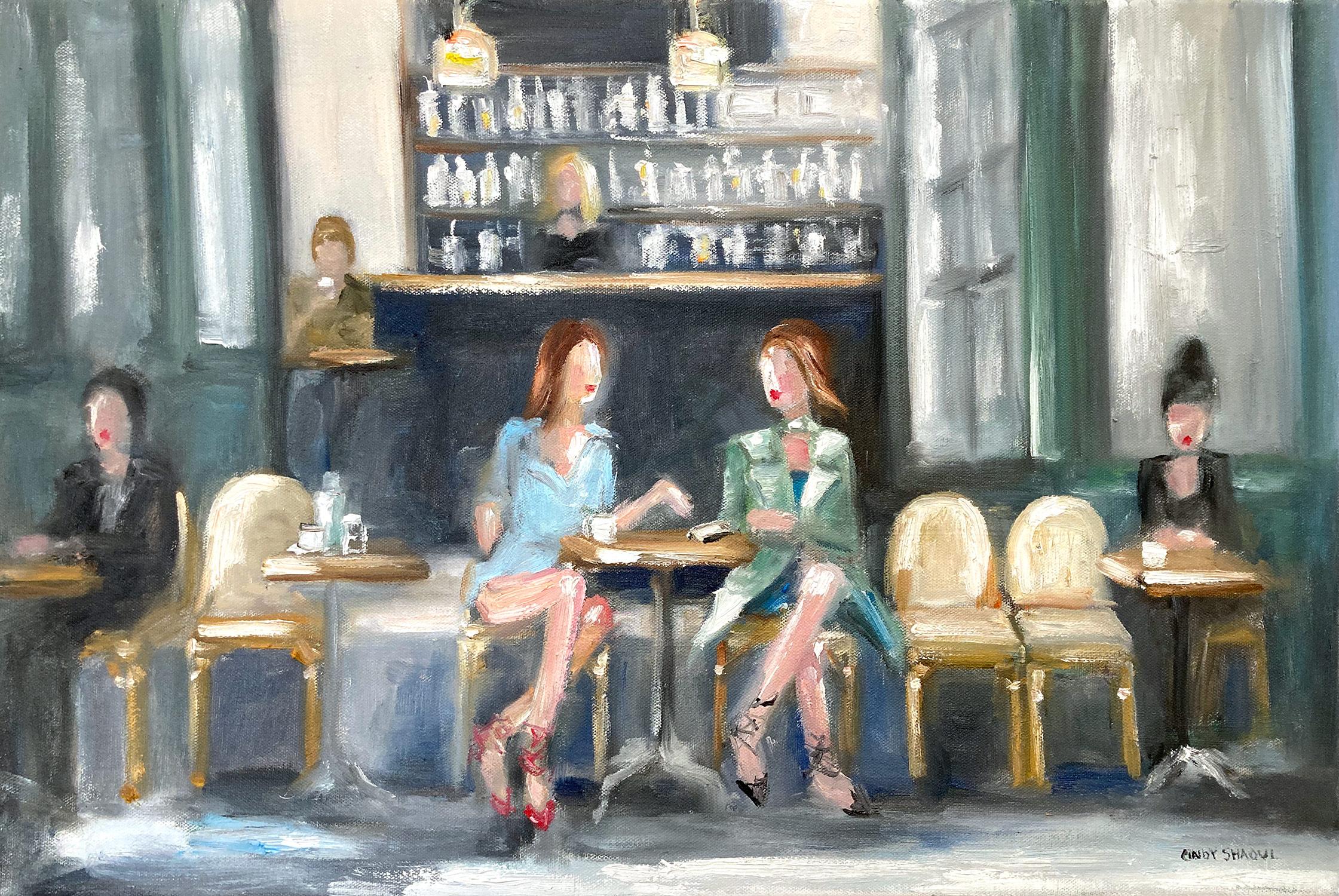 Cindy Shaoul Landscape Painting - "Hold the Preserves" Parisian Cafe Scene from Hit Show Emily in Paris Oil Paint