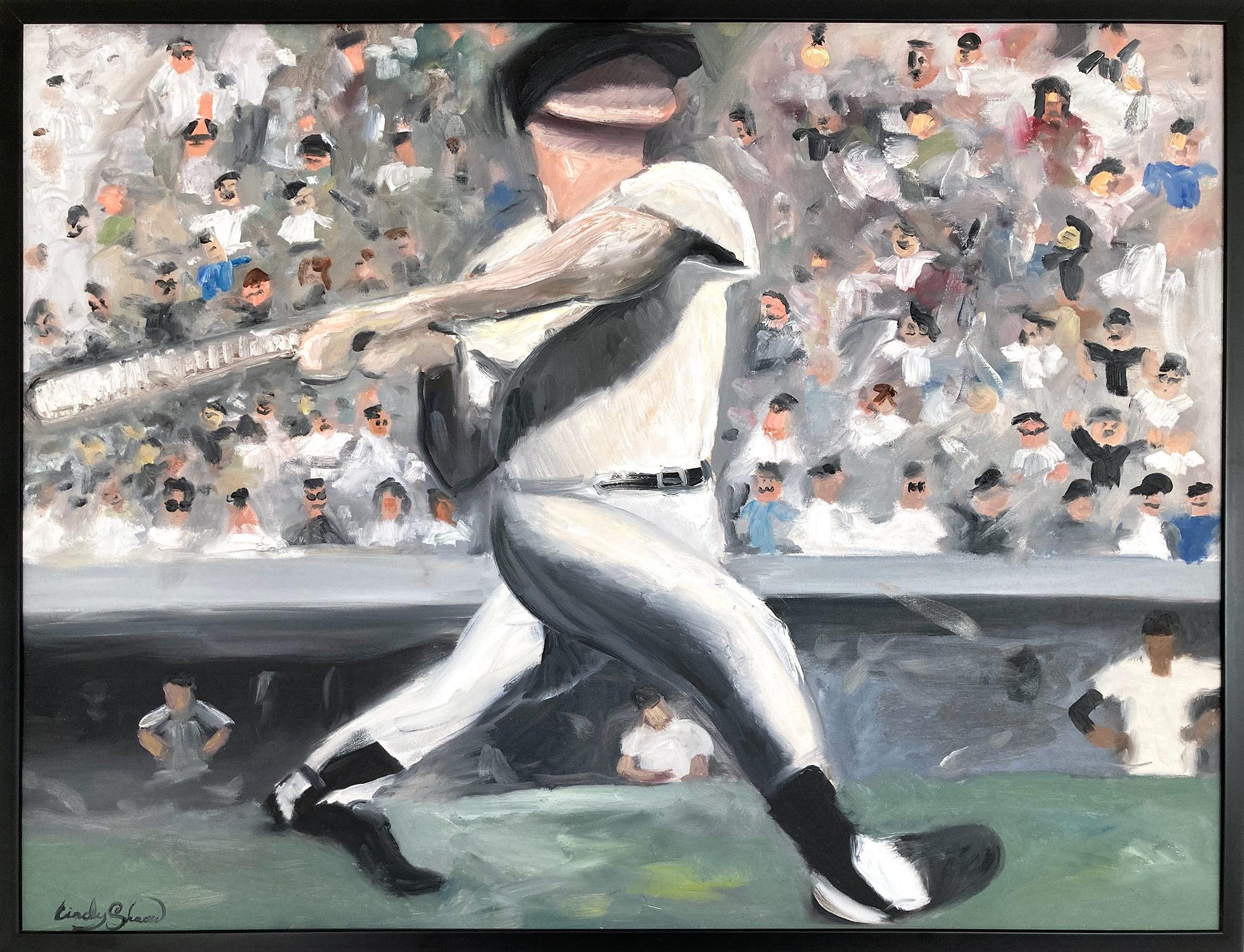 Cindy Shaoul Landscape Painting - "Home Run - Joe DiMaggio" Impressionistic World Series Oil Painting on Canvas