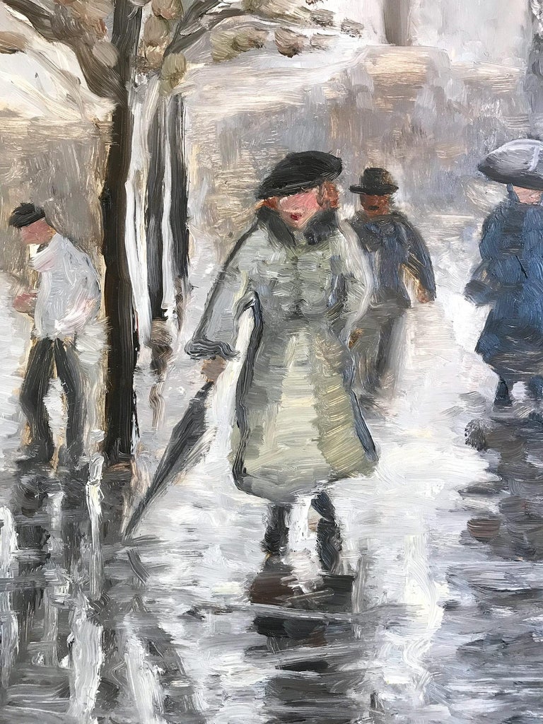 Impressionist City Street Scene with snow and figures in style of Manet - Painting by Cindy Shaoul