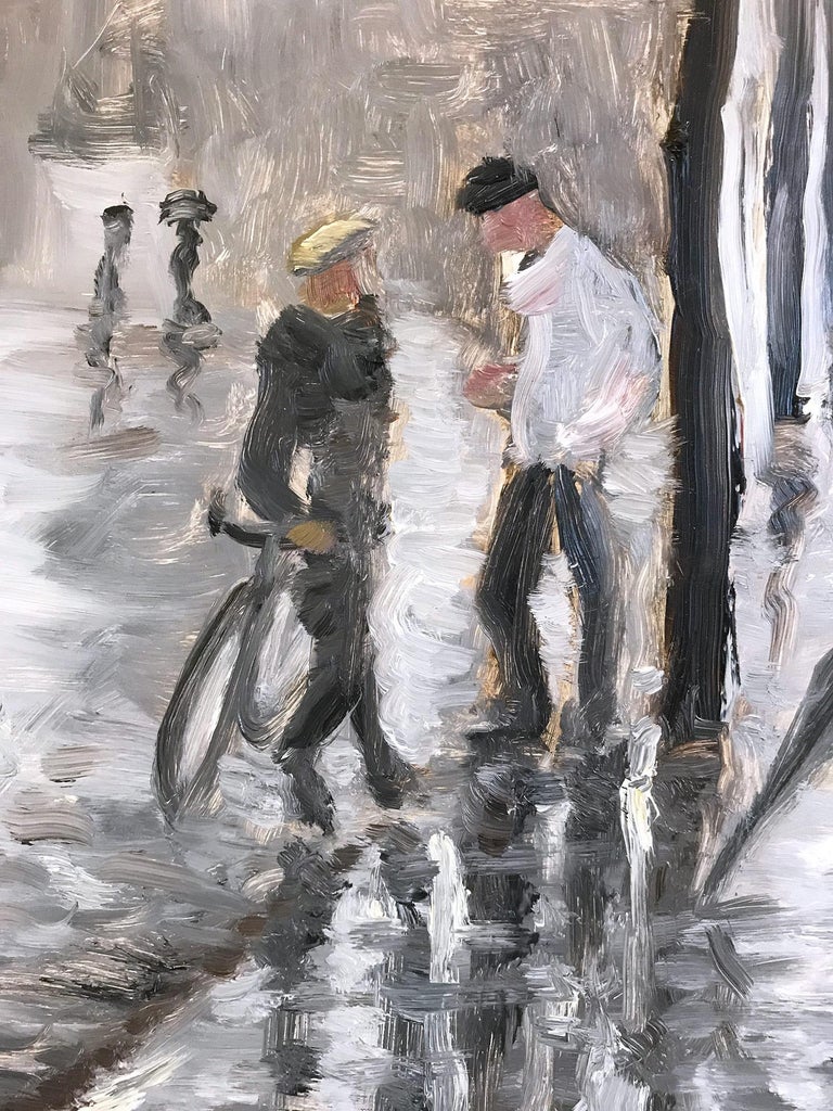 Impressionist City Street Scene with snow and figures in style of Manet - American Impressionist Painting by Cindy Shaoul