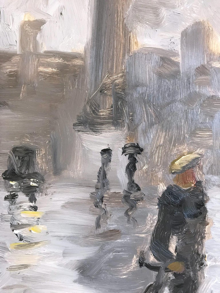 Impressionist City Street Scene with snow and figures in style of Manet - Gray Landscape Painting by Cindy Shaoul