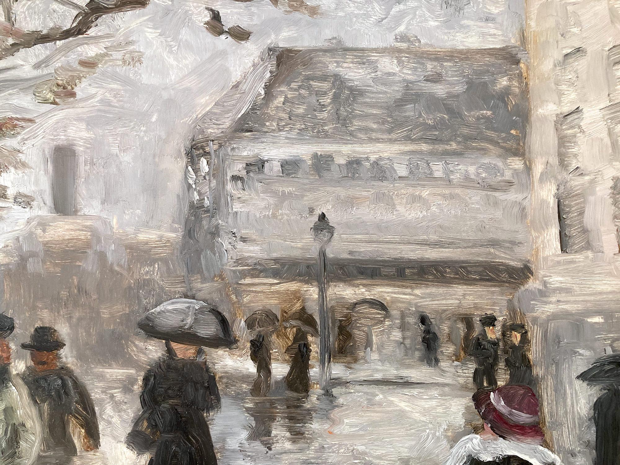 Dieses Gemälde zeigt eine impressionistische Szene von Paris an einem regnerischen Tag. Überall sind Figuren zu sehen, im Hintergrund sind Gebäude abgebildet.  Das Werk ist eine Nachahmung von Manet, die das Pariser Leben und die Zeit des frühen 20.