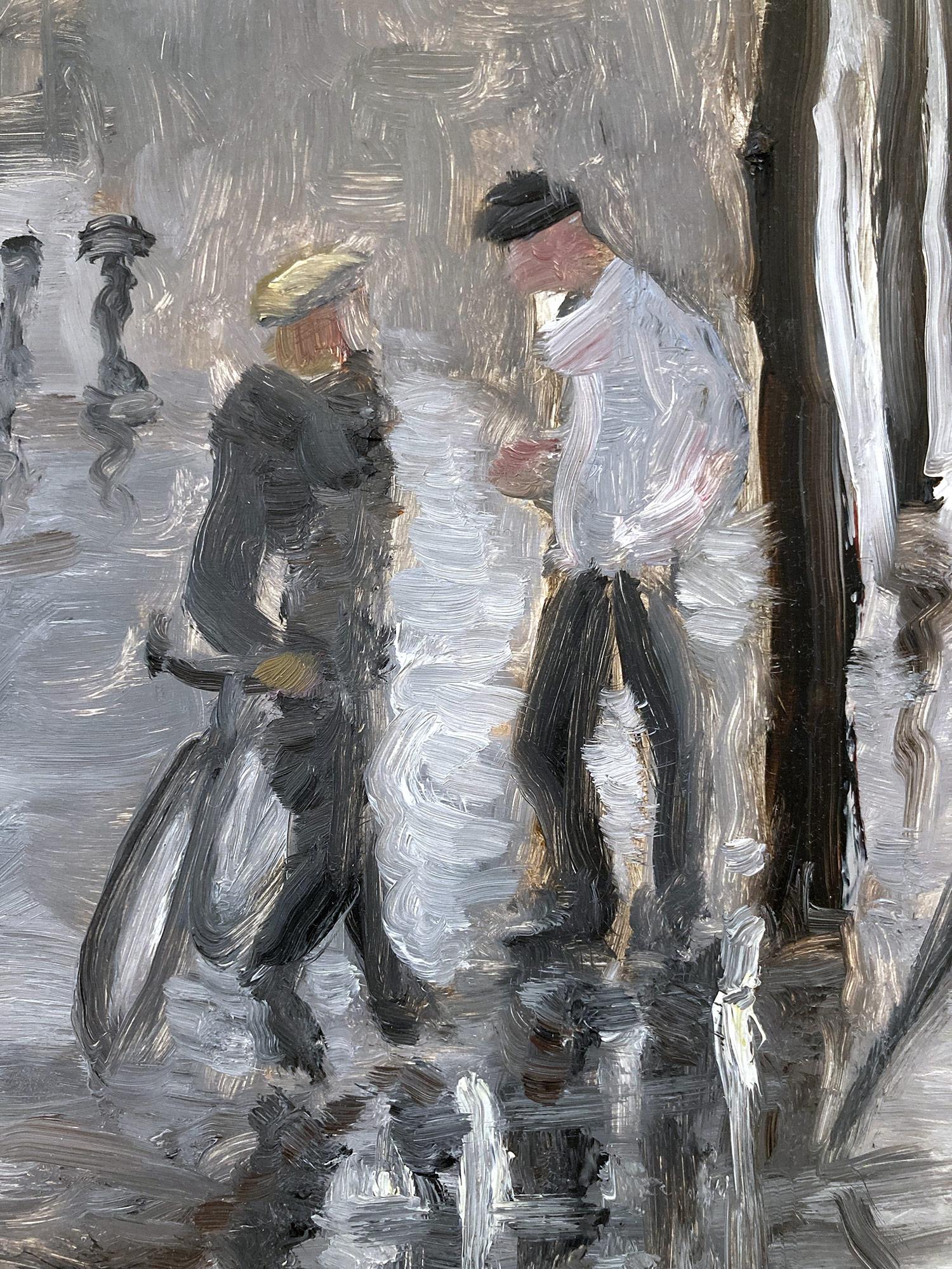 This painting depicts an impressionistic scene of Paris on a rainy day. Figures are situated throughout with buildings depicted in the background.  The work is a following of Manet, capturing Parisian life and times of the early 20th Century