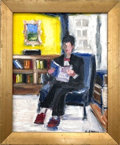 "En la guarida" Figura impresionista leyendo en smoking Pintura al óleo sobre tabla Enmarcada