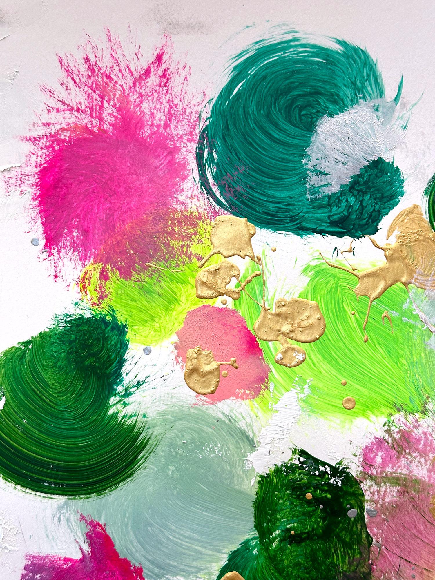 Ein Werk in Acryl und Öl auf schwerem Papier mit leuchtenden Farben und Texturen. Wir konzentrieren uns auf die Einfachheit der Schönheit des Augenblicks, während Shaoul eine durchscheinende, aber sehr farbenfrohe Palette mit dickem Farbauftrag,